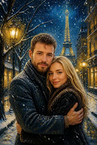 AI couple photo generator Anime A Van Gogh Winter Romance In Paris