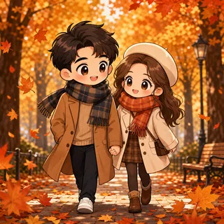 AI couple cartoon generator Anime template: Autumn Chibi Walk