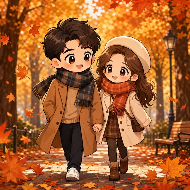 AI couple cartoon generator Anime template: Autumn Chibi Walk