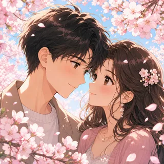 AI couple cartoon generator Anime template: Cherry Blossom Close-Up