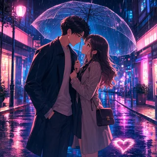 AI couple cartoon generator Anime template: Neon Rain Umbrella