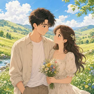 AI couple cartoon generator Anime template: Pastoral Anime Meadow
