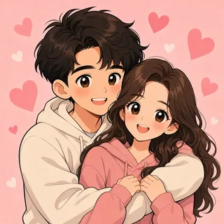 AI couple cartoon generator Anime template: Pink Hoodie Cuddle