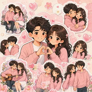 AI couple cartoon generator Anime template: Pink Sticker Collage