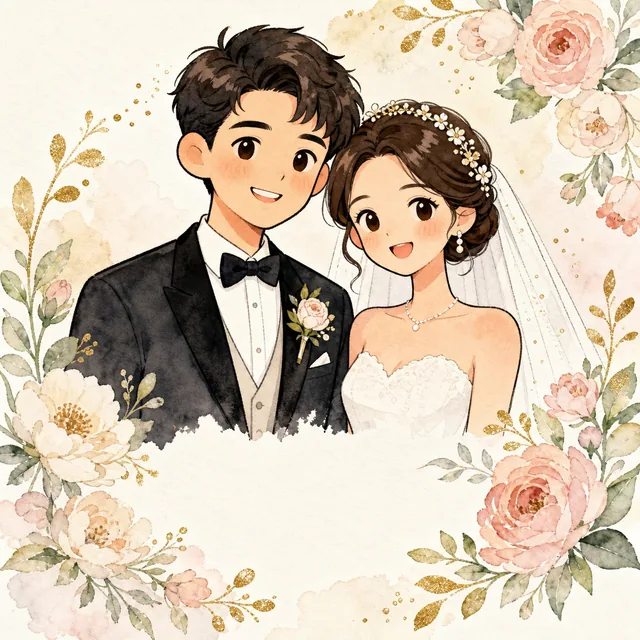 AI couple cartoon generator Anime template: Floral Wedding Cartoon