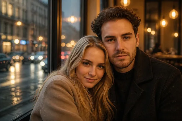 AI couple profile photo example in a warm cafe date style
