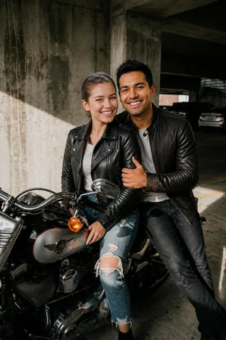AI couple photo generator Motorcycle Motorcycle Garage Couple