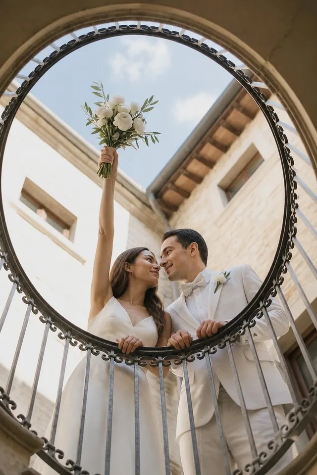 AI couple photo generator Wedding template: Balcony Bouquet Candid