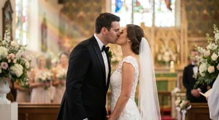 AI wedding photo generator template: cinematic wedding first kiss