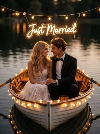 AI wedding photo generator template: just married boat portrait