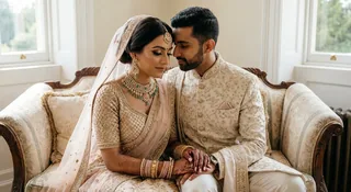 AI wedding photo generator template: seated Indian wedding portrait