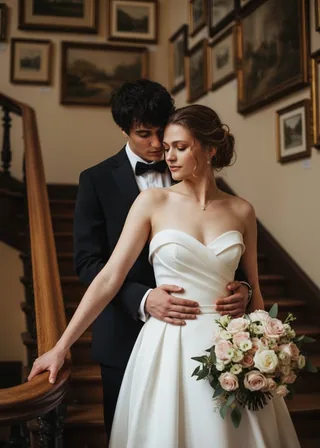 AI wedding photo generator template: elegant staircase wedding portrait
