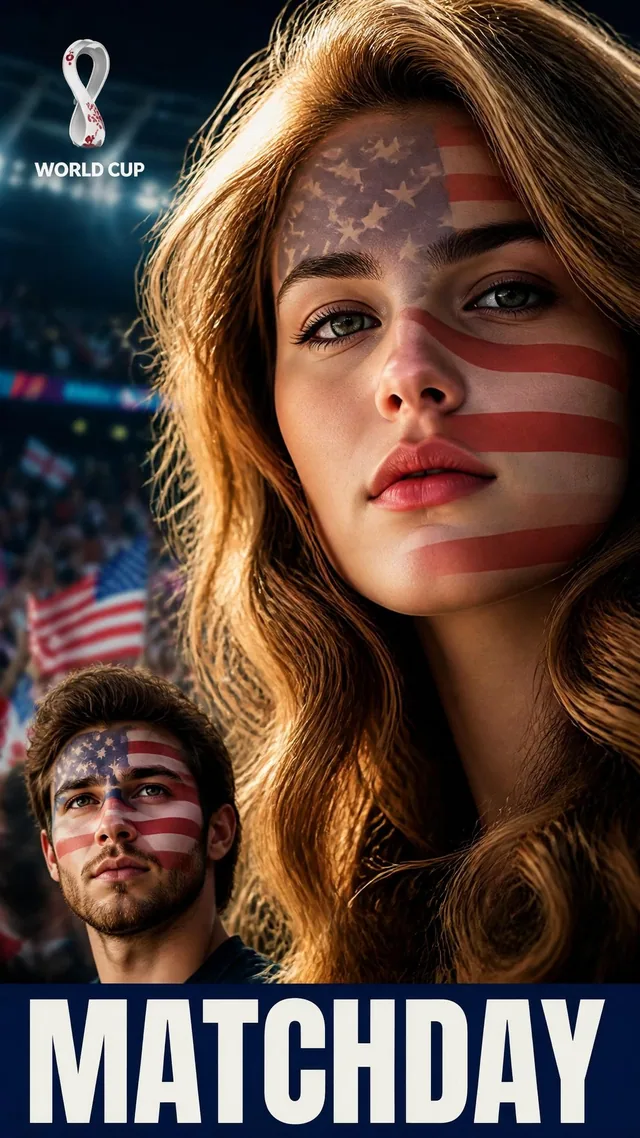 World Cup fan photo example with face paint and matchday poster styling