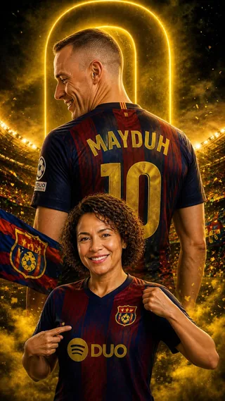 AI couple photo generator Worldcup template: Golden Stadium Jersey Poster