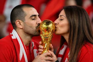 AI couple photo generator Worldcup template: Trophy Kiss Fan Couple